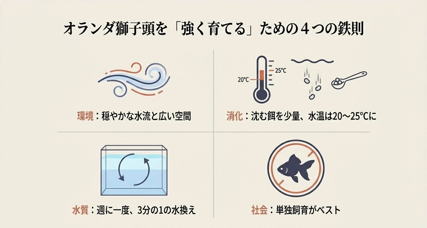 4象限で、環境(穏やかな水流と広い空間)・消化(沈む餌を少量、水温20〜25℃)・水質(週1で10分の3の水換え)・社会(単独飼育がベスト)をまとめたチェックリスト風スライド。