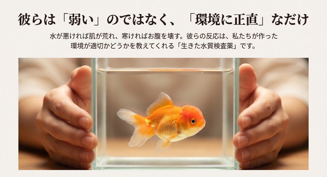 小さなガラス水槽の中のオランダ獅子頭の写真に、「彼らは弱いのではなく環境に正直。水が悪ければ肌が荒れ、寒ければお腹を壊す。反応は環境が適切か教える生きた水質検査薬」という主旨の文章。