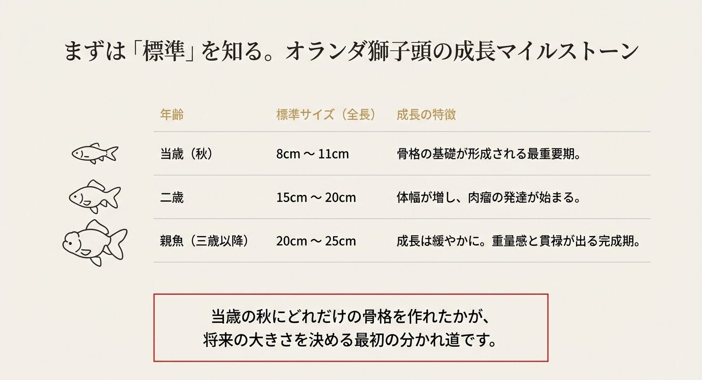 当歳(秋)8〜11cm、二歳15〜20cm、親魚(二歳以降)20〜25cmの目安を、イラスト付きの表で示したスライド。下部に「当歳の秋にどれだけの骨格を作れたかが将来の分かれ道」とある。