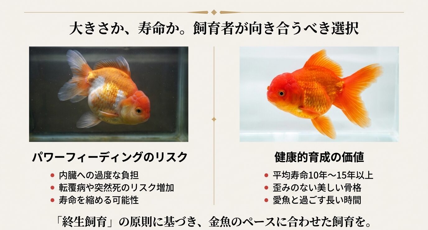左右に金魚写真を配置し、左は「パワーフィーディングのリスク(内臓負担・転覆病や突然死・寿命短縮)」、右は「健康的育成の価値(平均寿命10〜15年以上・歪みのない骨格・長く一緒に過ごす)」を比較したスライド。