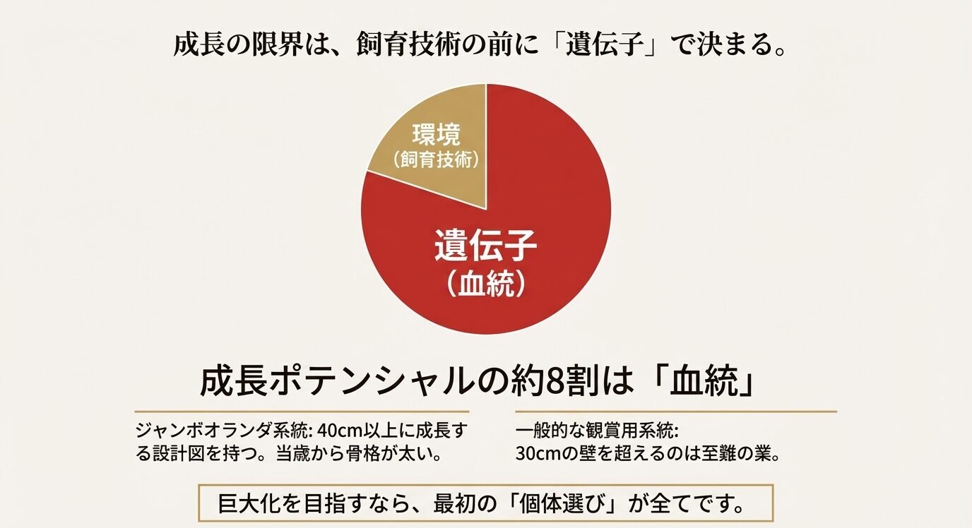 円グラフで「遺伝子(血統)」が大部分、「環境(飼育技術)」が一部として描かれているスライド。ジャンボ系統と一般系統の違い、および「巨大化を目指すなら最初の個体選びが全て」と記載。