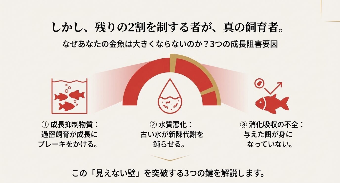 「残りの2割を制する者が真の飼育者」という見出しとともに、①成長抑制物質(過密)②水質悪化(古い水)③消化吸収の不全(餌が身にならない)の3要因をアイコンで示したスライド。