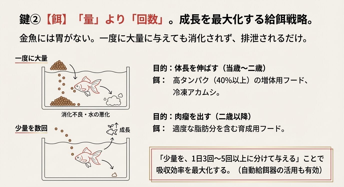 一度に大量給餌すると消化不良・水質悪化、少量を数回に分けると成長につながることを図解。体長を伸ばす時期は高タンパク(40%以上)や冷凍アカムシ、肉瘤目的は適度な脂肪を含む育成用フード、少量を1日3〜5回以上に分けると吸収効率が最大化すると示すスライド。