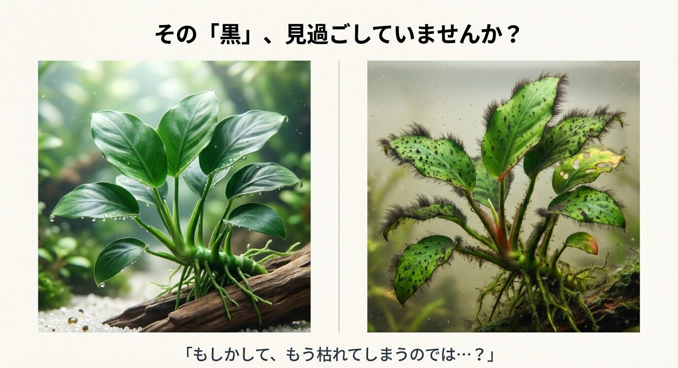 左に健康なアヌビアス・ナナ、右に黒ずみが目立つアヌビアス・ナナを並べ、「その『黒』、見過ごしていませんか?」と問いかけるスライド