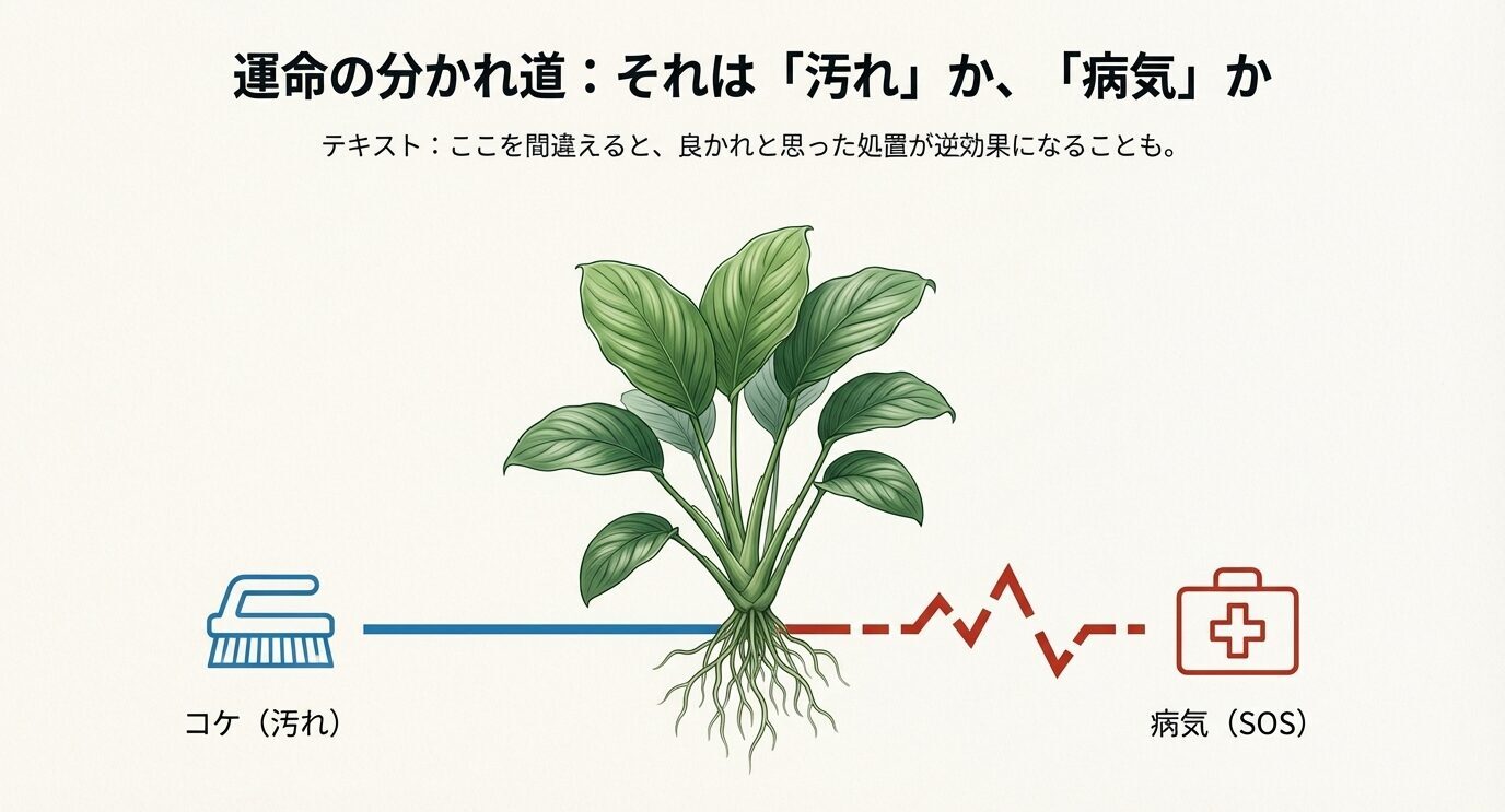 中央にアヌビアスのイラスト、左右に「コケ(汚れ)」と「病気(SOS)」のアイコンを配置し、黒ずみの原因を切り分ける重要性を示すスライド