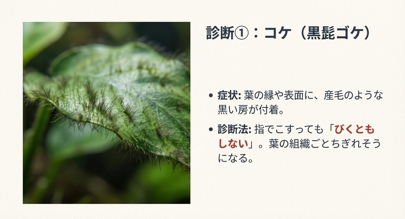 葉の表面に黒髭ゴケが付着した写真と、症状(黒い房)・診断(こすってもびくともしない)を箇条書きで示すスライド