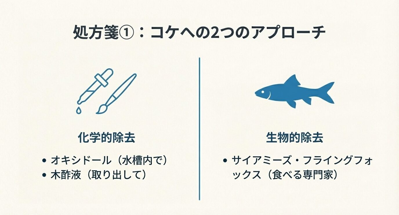 左にスポイト等のアイコンと「オキシドール/木酢液」、右に魚のアイコンと「サイアミーズ・フライングフォックス」を示し、コケ対策の2アプローチを整理したスライド