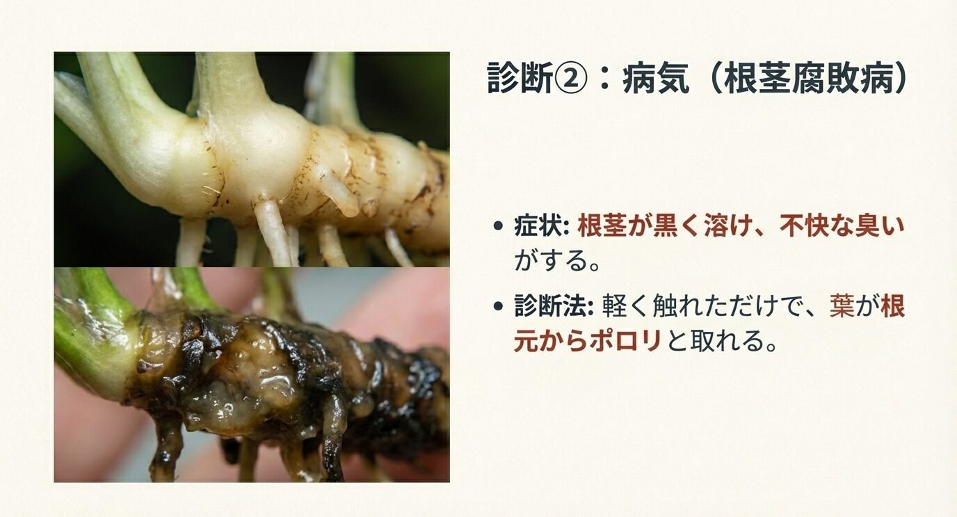 上に健康な根茎の写真、下に黒く腐敗した根茎の写真を示し、症状(黒く溶ける・不快な臭い)と診断(触れると葉が根元から取れる)を説明するスライド