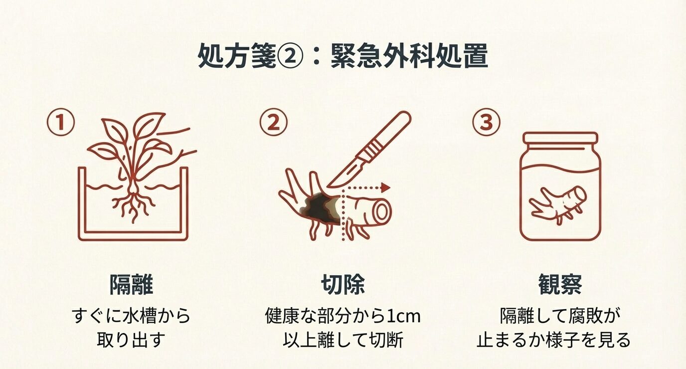 1「隔離(すぐに水槽から取り出す)」2「切除(健康部から1cm以上離して切断)」3「観察(隔離して腐敗が止まるか見る)」をアイコンで示したスライド
