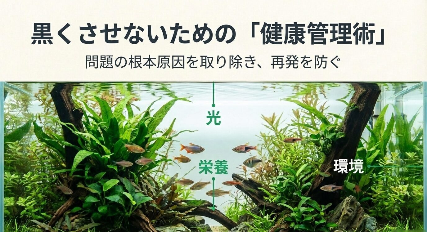 水槽レイアウト写真の上に「黒くさせないための健康管理術」とあり、中央に「光」「栄養」「環境」の3要素を配置して再発予防の方針を示すスライド
