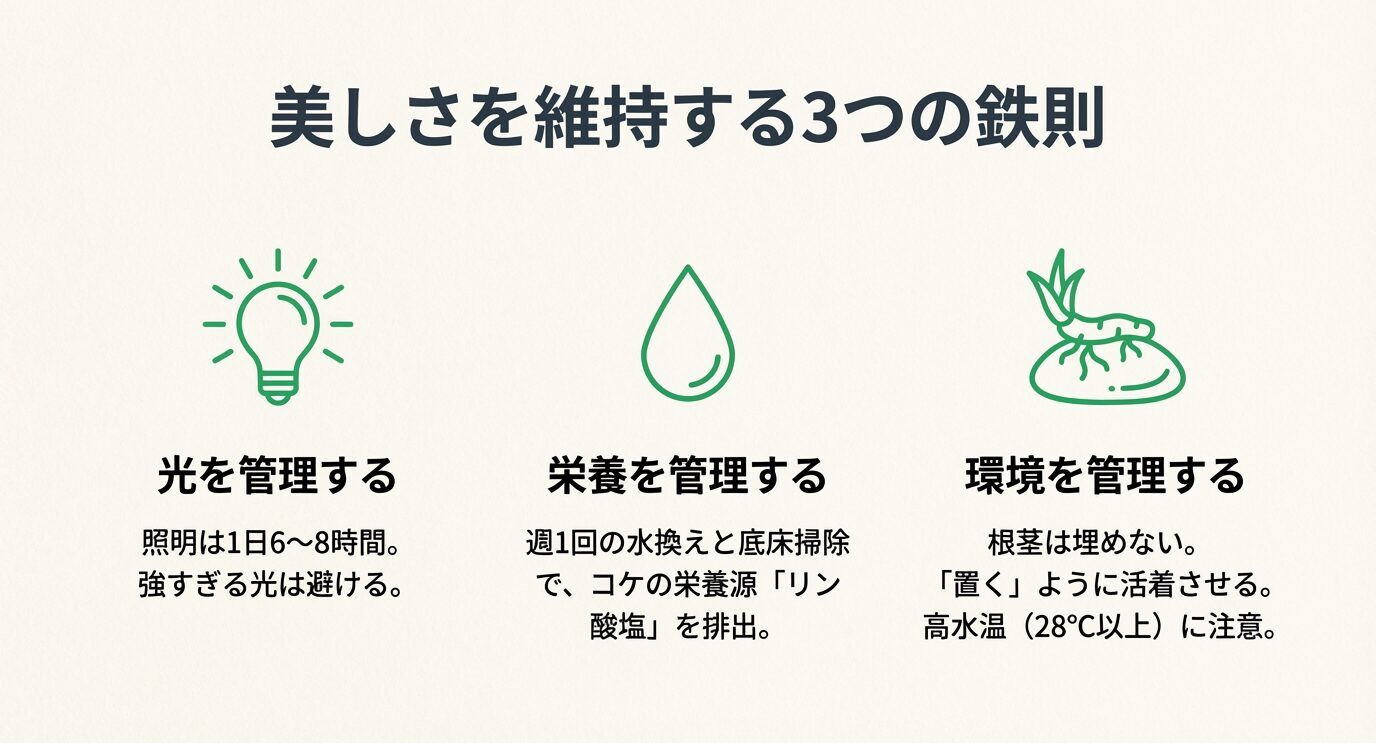 電球・水滴・根茎のアイコンとともに、照明は6〜8時間、週1の換水と底床掃除でリン酸塩対策、根茎は埋めず活着させ高水温(28℃以上)に注意、と要点をまとめたスライド