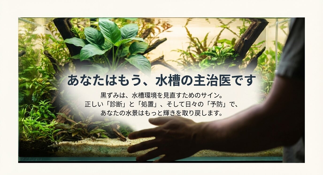 水槽を見つめる人物の前景とアクアリウムの写真に重ねて、「あなたはもう、水槽の主治医です。正しい診断と処置、日々の予防で水景は輝きを取り戻す」と伝えるスライド