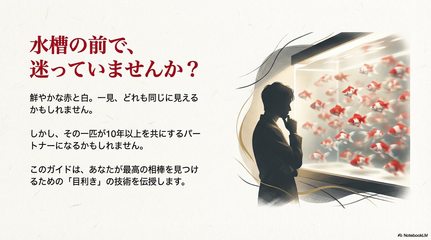 水槽の前で迷う飼い主への問いかけ。10年以上共にするパートナーを見つけるための技術を伝授する旨のテキスト。