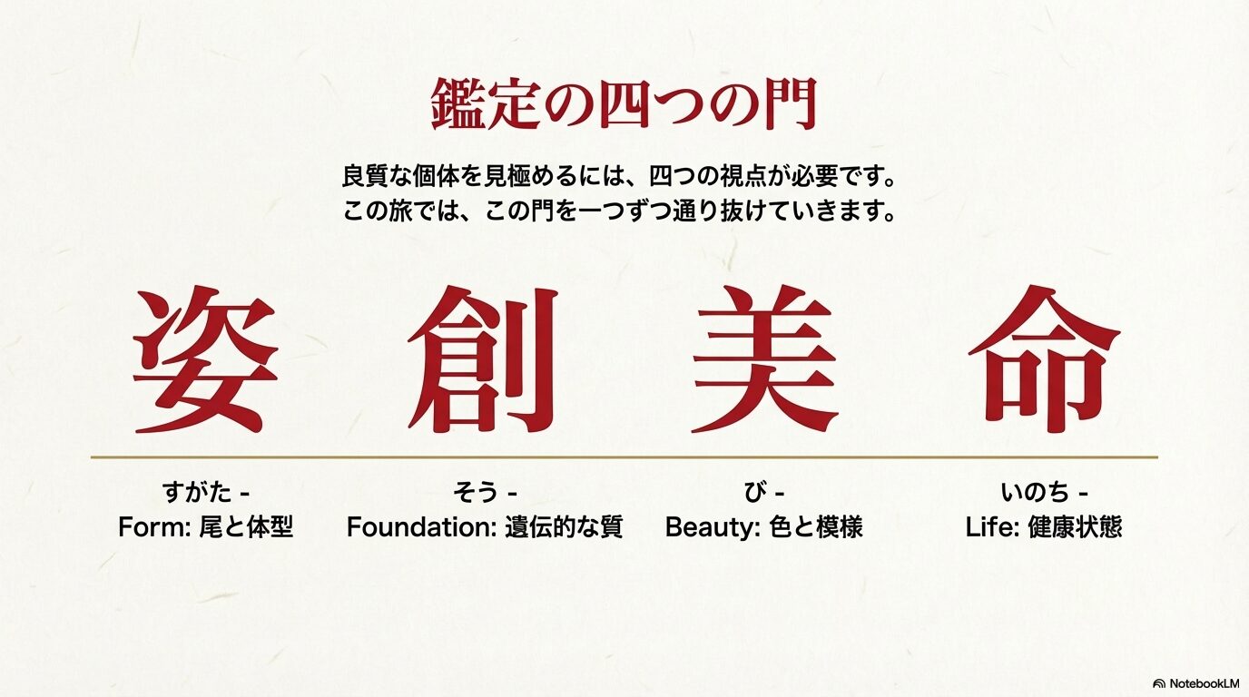 鑑定に必要な4つの視点「姿(Form)」「創(Foundation)」「美(Beauty)」「命(Life)」を漢字1文字ずつで表現した図解。