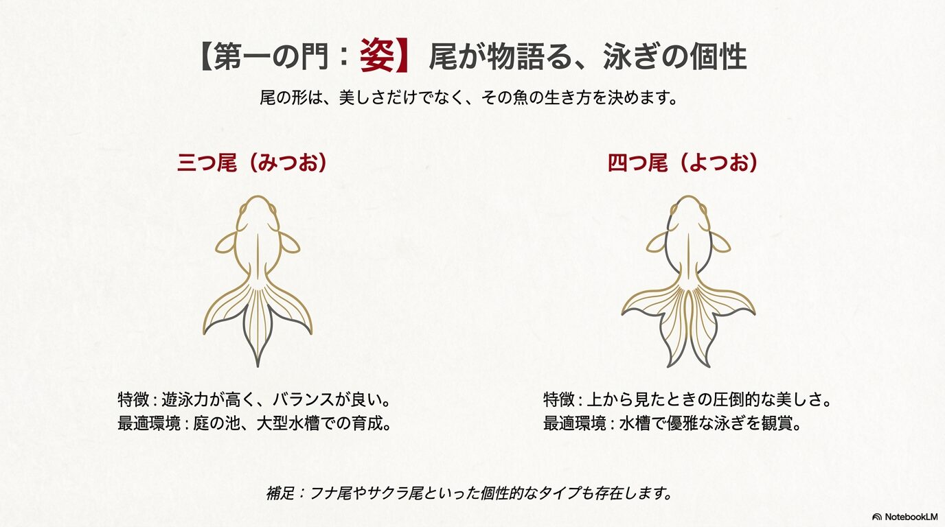 三つ尾と四つ尾を真上から見た図解。三つ尾はバランスと遊泳力、四つ尾は観賞価値が特徴であることの解説。