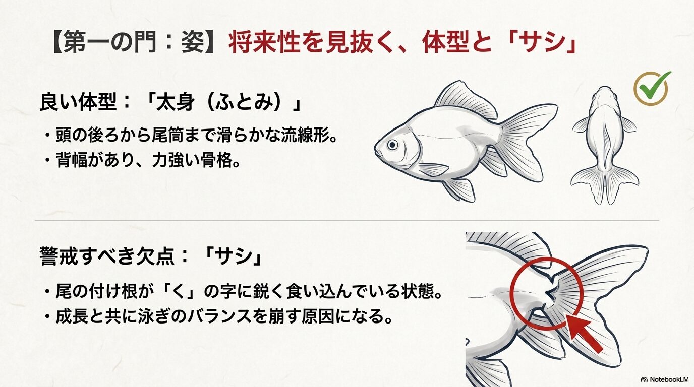 理想的な太身の流線形と、尾の付け根が食い込む欠点「サシ」を赤い丸と矢印で示したイラスト。