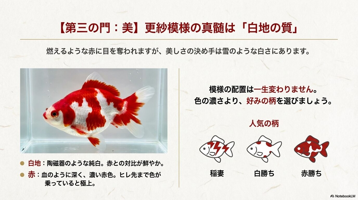 白地の質と赤の濃さの重要性、および「稲妻」「白勝ち」「赤勝ち」といった代表的な模様のパターン図解。