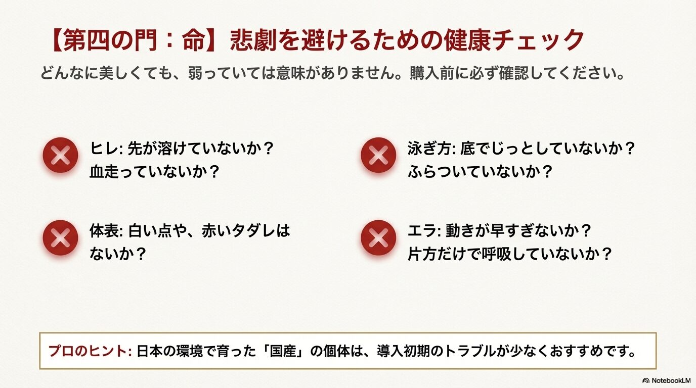 ヒレ、体表、泳ぎ方、エラの各部位における健康チェック項目と病気の兆候をまとめたスライド。