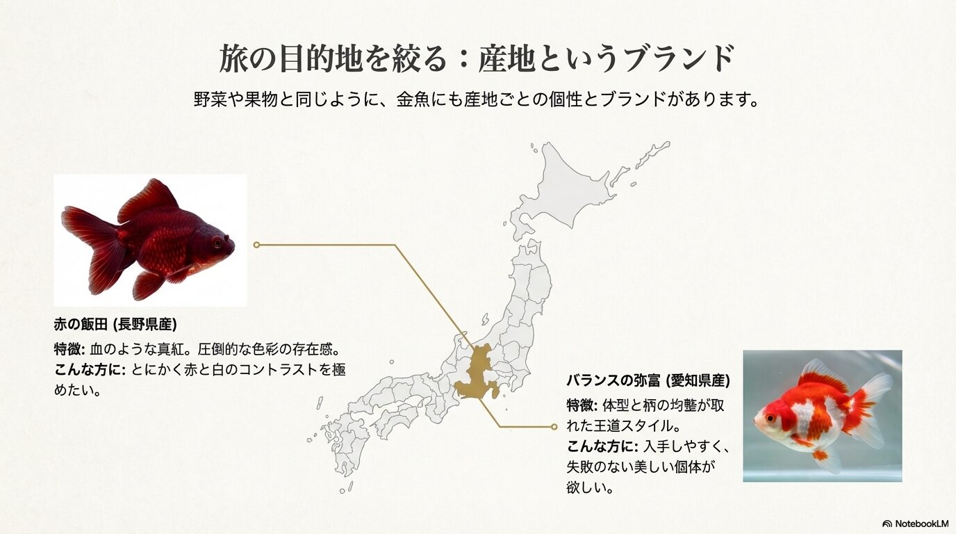 「赤の飯田(長野)」と「バランスの弥富(愛知)」それぞれの特徴と、どのような飼育者に向いているかの解説。