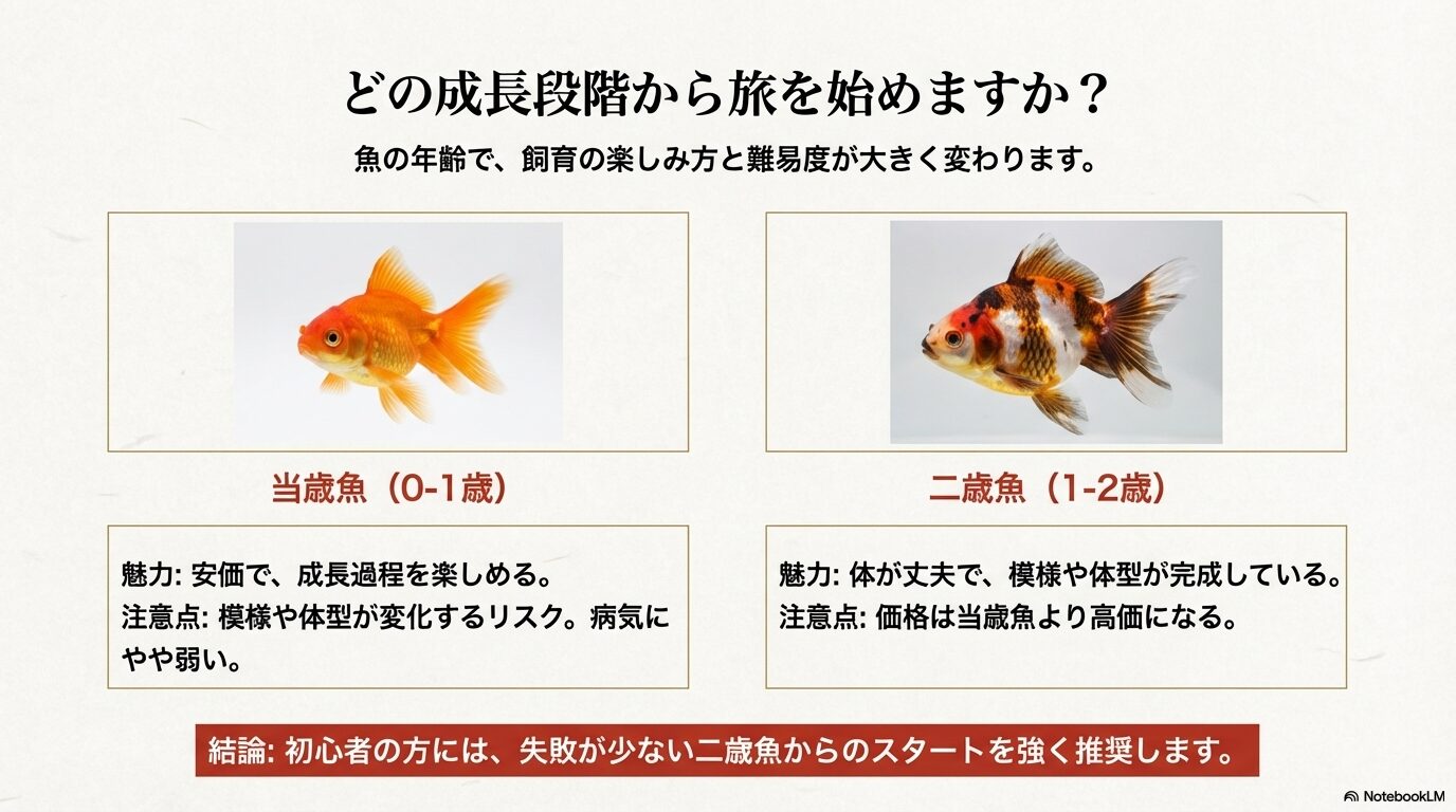 0-1歳の当歳魚と1-2歳の二歳魚の魅力と注意点の比較。初心者には二歳魚を推奨する結論。