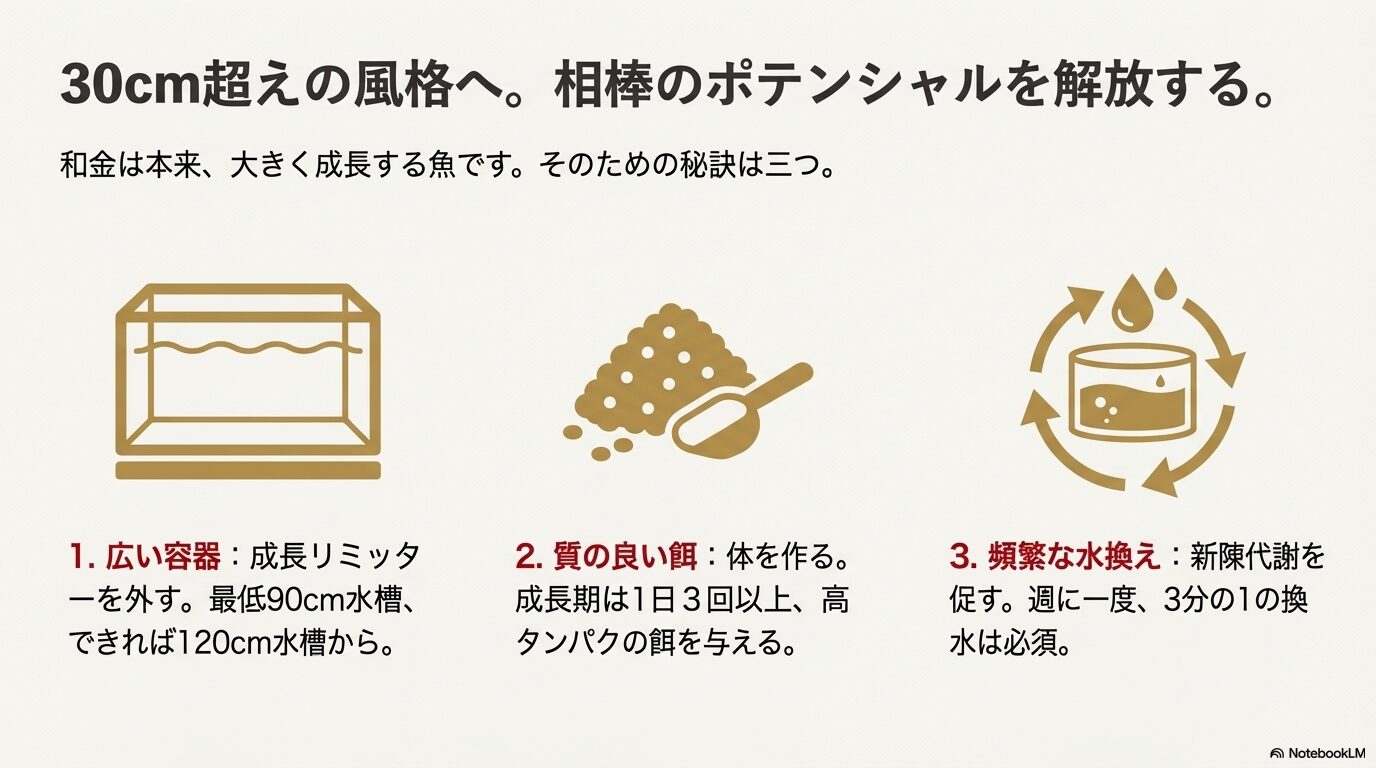 巨大化させるための「広い容器」「質の良い餌」「頻繁な水換え」の3大要素をアイコンで示した図解。