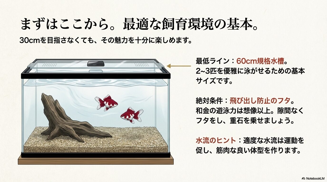 60cm水槽に蓋をしたイラスト。飛び出し防止のフタの重要性と、適度な水流についてのヒント。