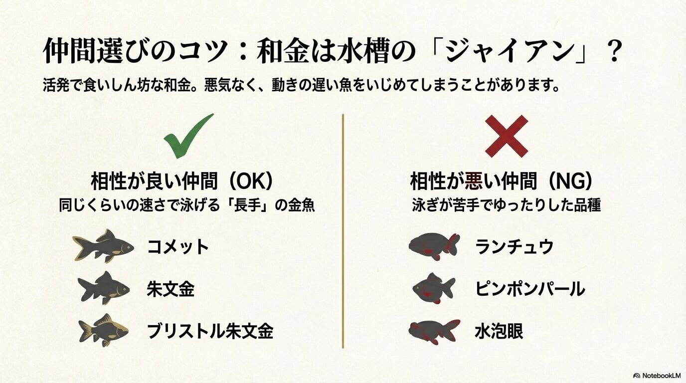 相性が良い「コメット」「朱文金」と、相性が悪い「ランチュウ」「ピンポンパール」を分けた相性図。