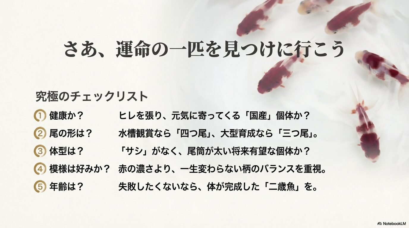 健康、尾型、体型、模様、年齢の5つのポイントを振り返る最終チェックリスト。