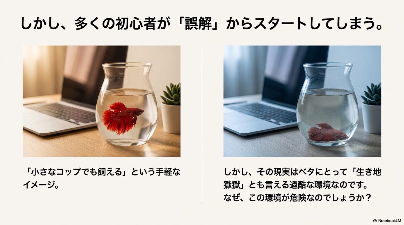 優雅に泳ぐベタの写真と、「小さなコップでも飼える」という誤解がベタにとって過酷な環境(生き地獄)になり得ることを警告するスライド。