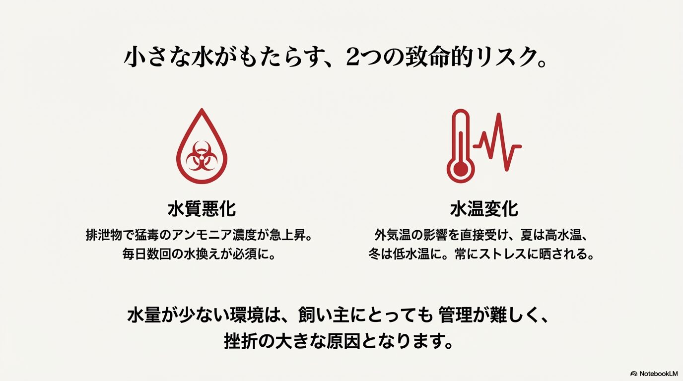 水質悪化(アンモニア濃度の上昇)と水温変化(外気温の影響)という、少量の水で飼育する際の危険性を示す図解。