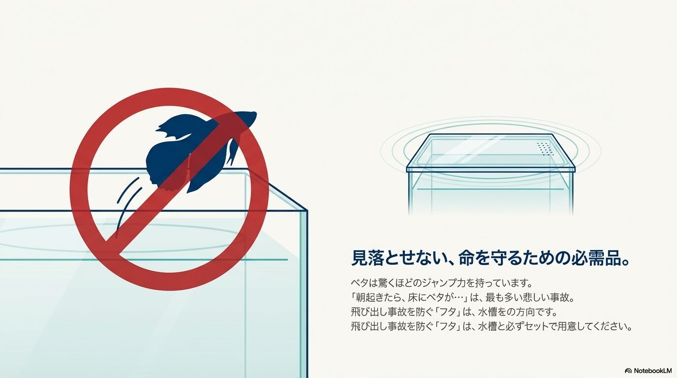 ベタのジャンプによる飛び出し事故を防ぐために、水槽とセットでフタを用意することを促すイラスト。