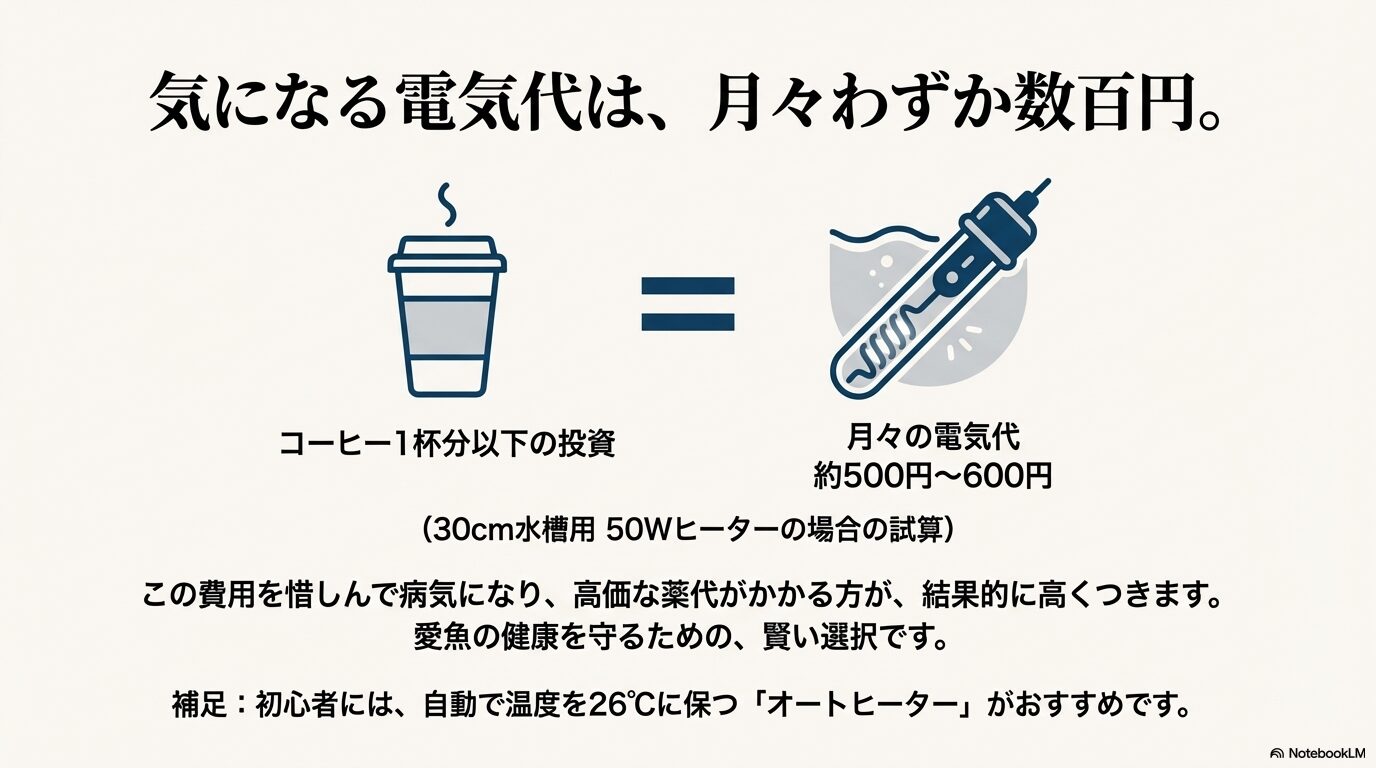 ヒーターを「生命維持装置」と定義し、26〜28℃の適正水温を保つ重要性と、月々の電気代がコーヒー1杯分程度(約500〜600円)であることの解説。