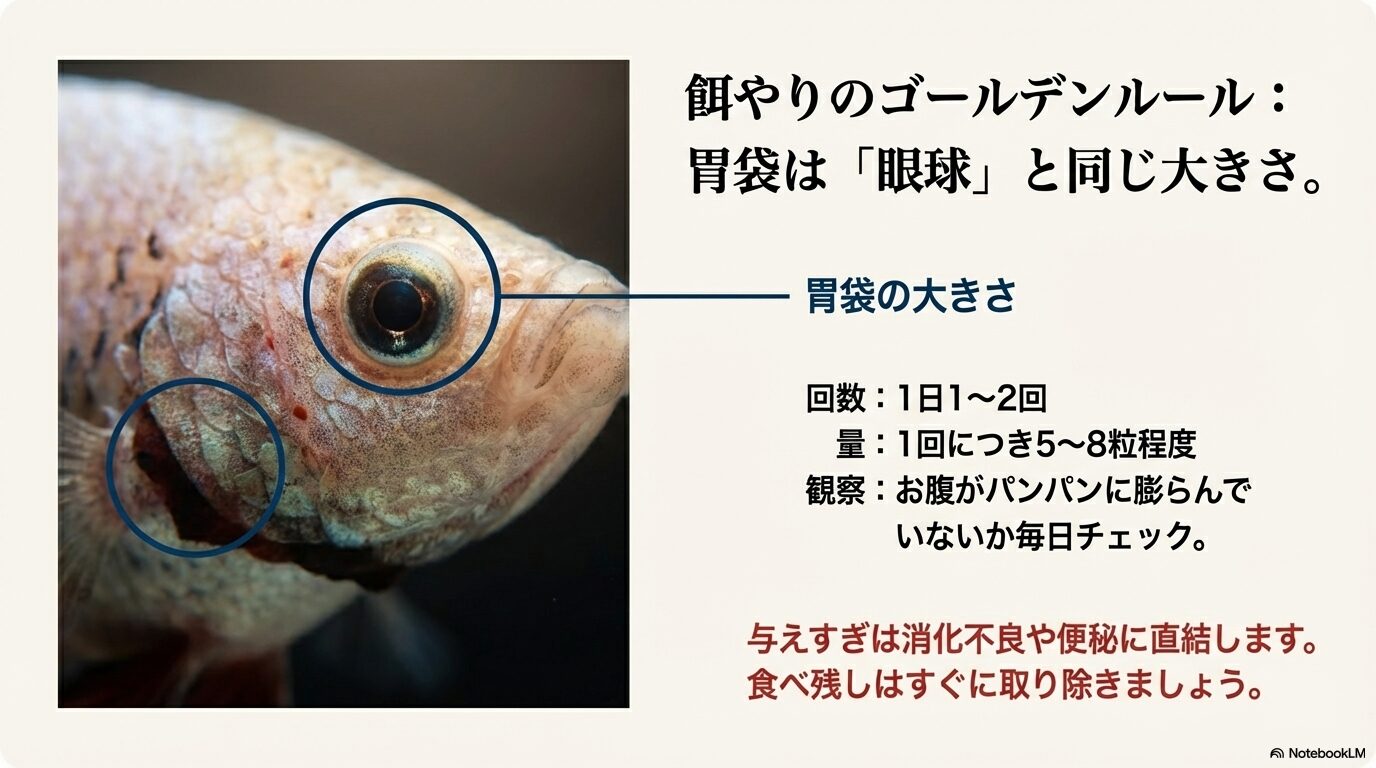 ベタの胃袋が眼球と同じ大きさであることを示し、適切な給餌量(1日1〜2回、5〜8粒)を説明する画像。