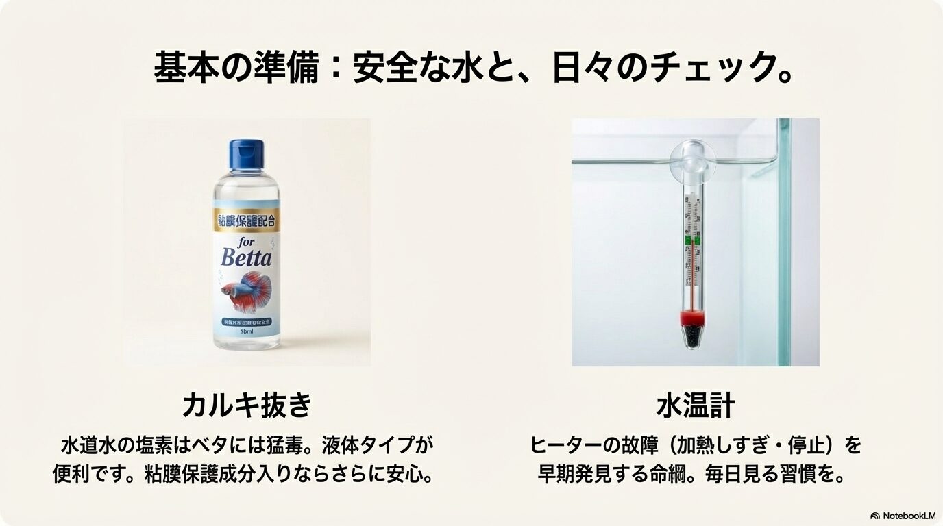 塩素を中和するカルキ抜き剤と、ヒーターの故障を早期発見するための水温計の重要性を示すイラスト。