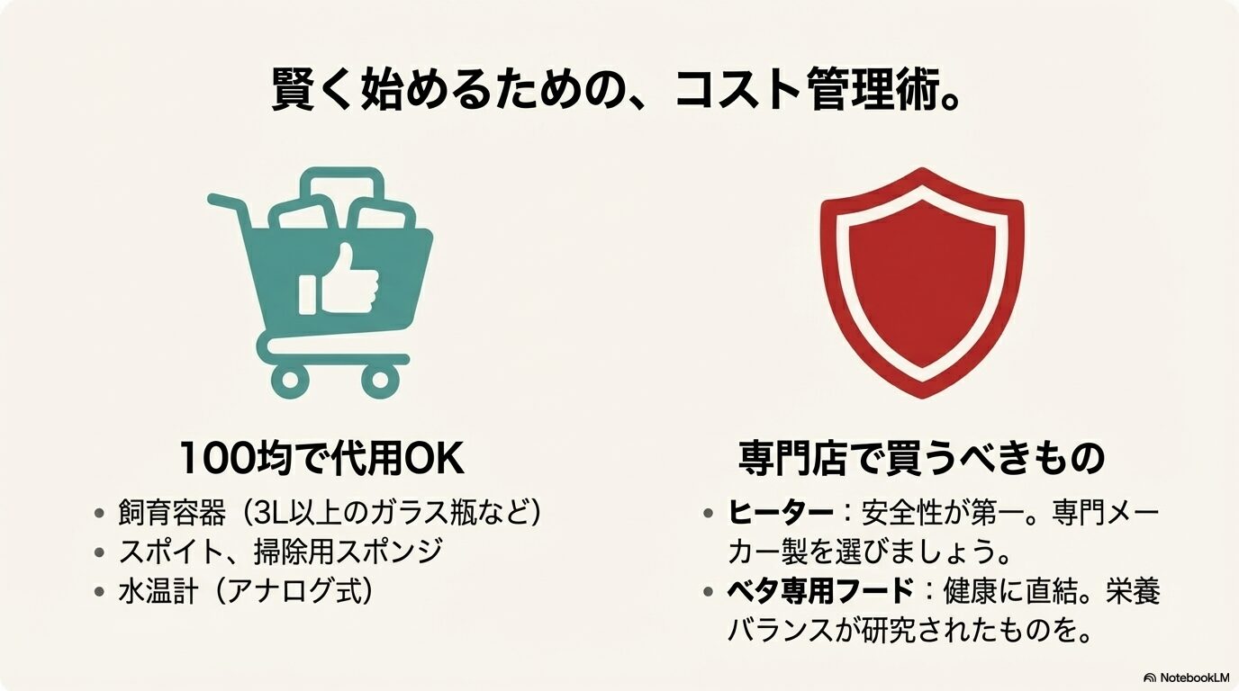 容器や掃除用具は100均で代用し、ヒーターや餌は専門店で安全なものを選ぶというコスト管理術のまとめ。