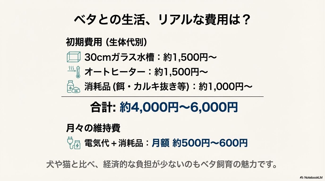 初期費用が約4,000円〜6,000円、月々の維持費が約500円〜600円というリアルな費用感を示すスライド。