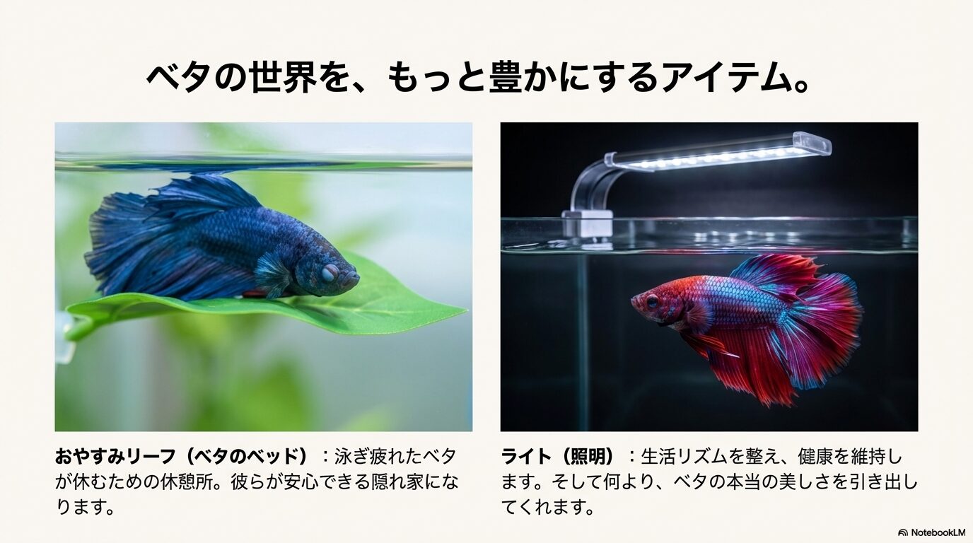 ベタの休憩所となる「おやすみリーフ」と、健康維持や美しさを引き出す「ライト」の紹介。