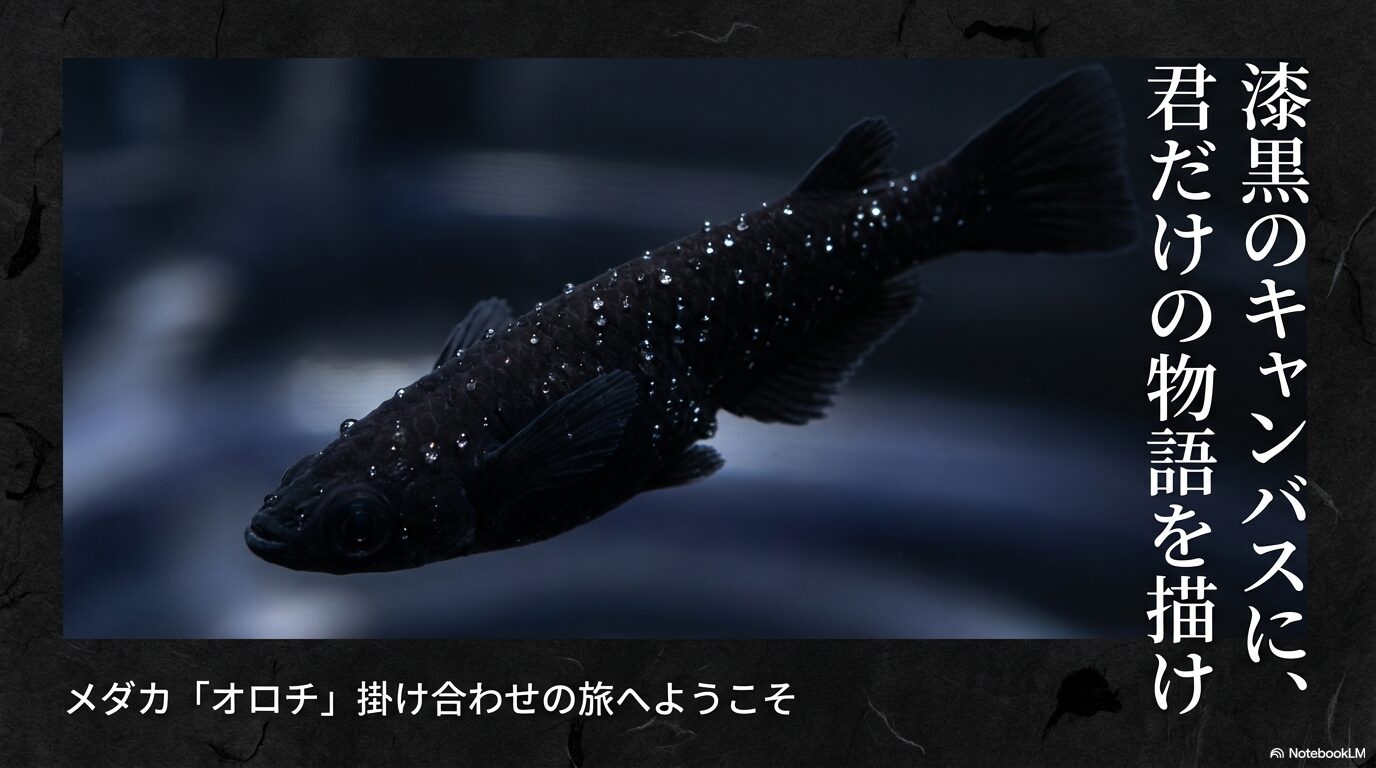 「オロチ交配 成功への道筋 漆黒の探求」というタイトルが書かれた、漆黒のオロダメダカのイメージ画像。