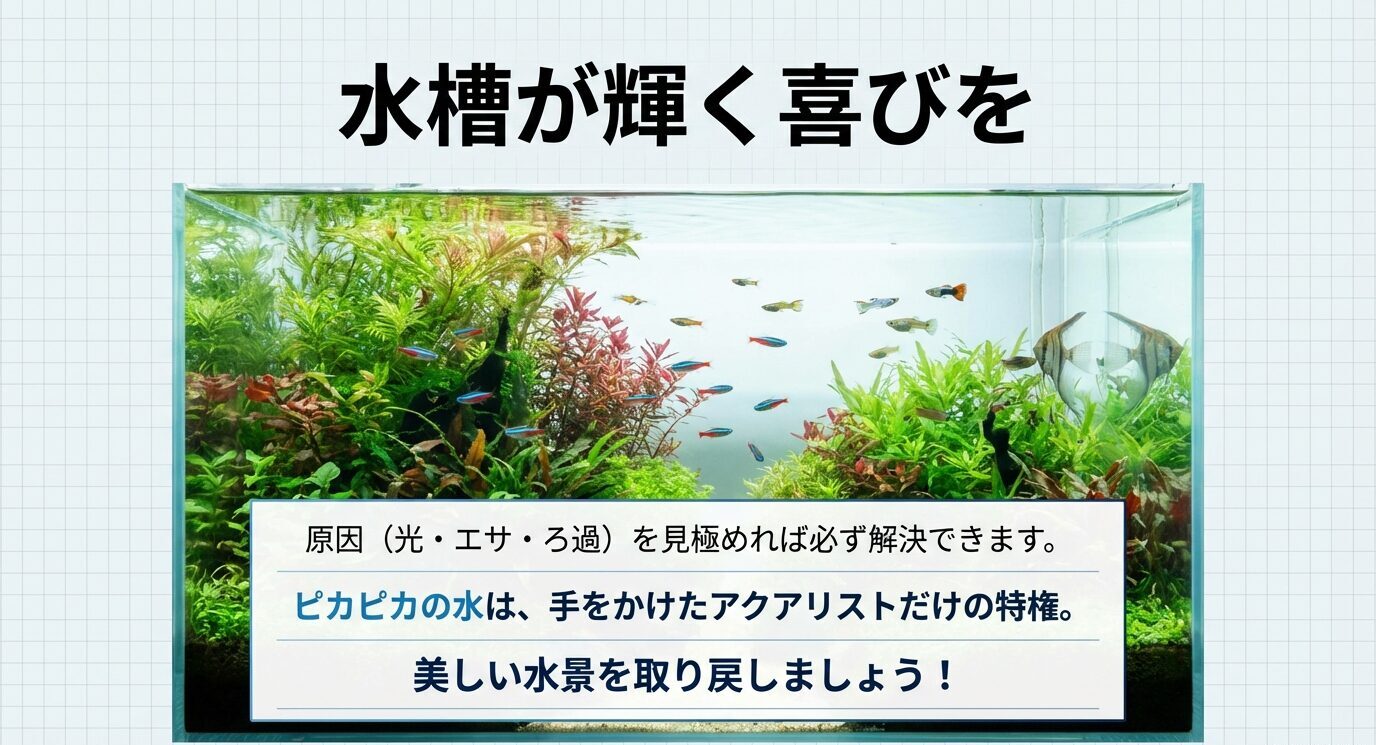 水草が茂る透明な水槽写真と、「原因(光・エサ・ろ過)を見極めれば解決できる」「美しい水景を取り戻そう」という締めのメッセージ。