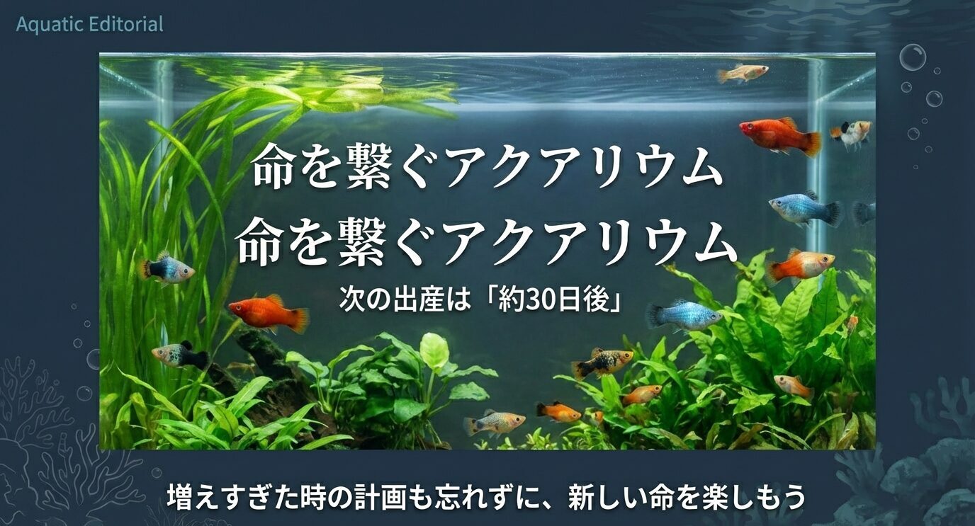 水草のある水槽と複数のプラティの写真に「命を繋ぐアクアリウム」「次の出産は約30日後」と表示した締めのスライド。