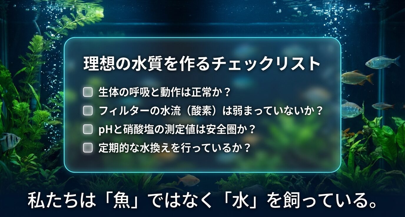 生体の呼吸と動作、フィルターの水流、pHと硝酸塩、定期的な水換えの4項目をチェックする「理想の水質チェックリスト」スライド