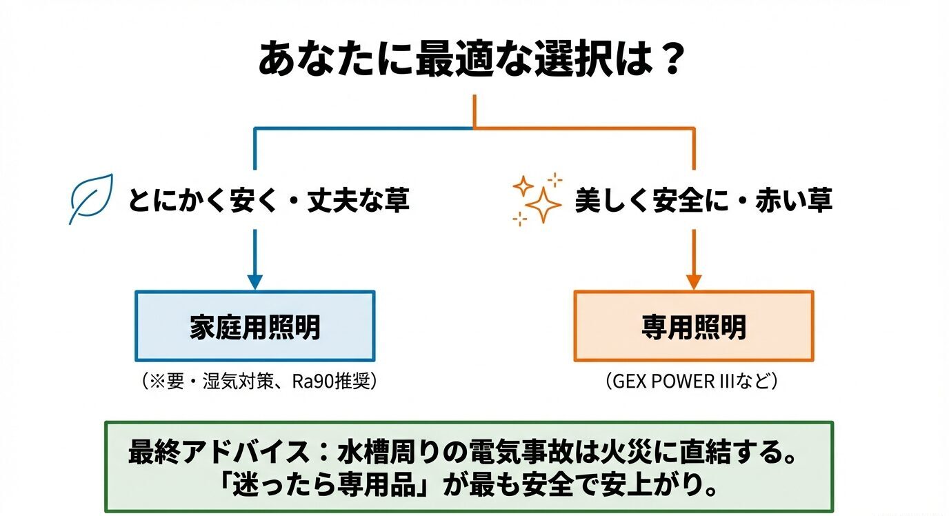 目的別の分岐図。「とにかく安く・丈夫な草→家庭用照明(湿気対策・Ra90推奨)」「美しく安全に・赤い草→専用照明(GEX POWER IIIなど)」。下部に「電気事故は火災に直結、迷ったら専用品が安全で安上がり」と最終アドバイス。