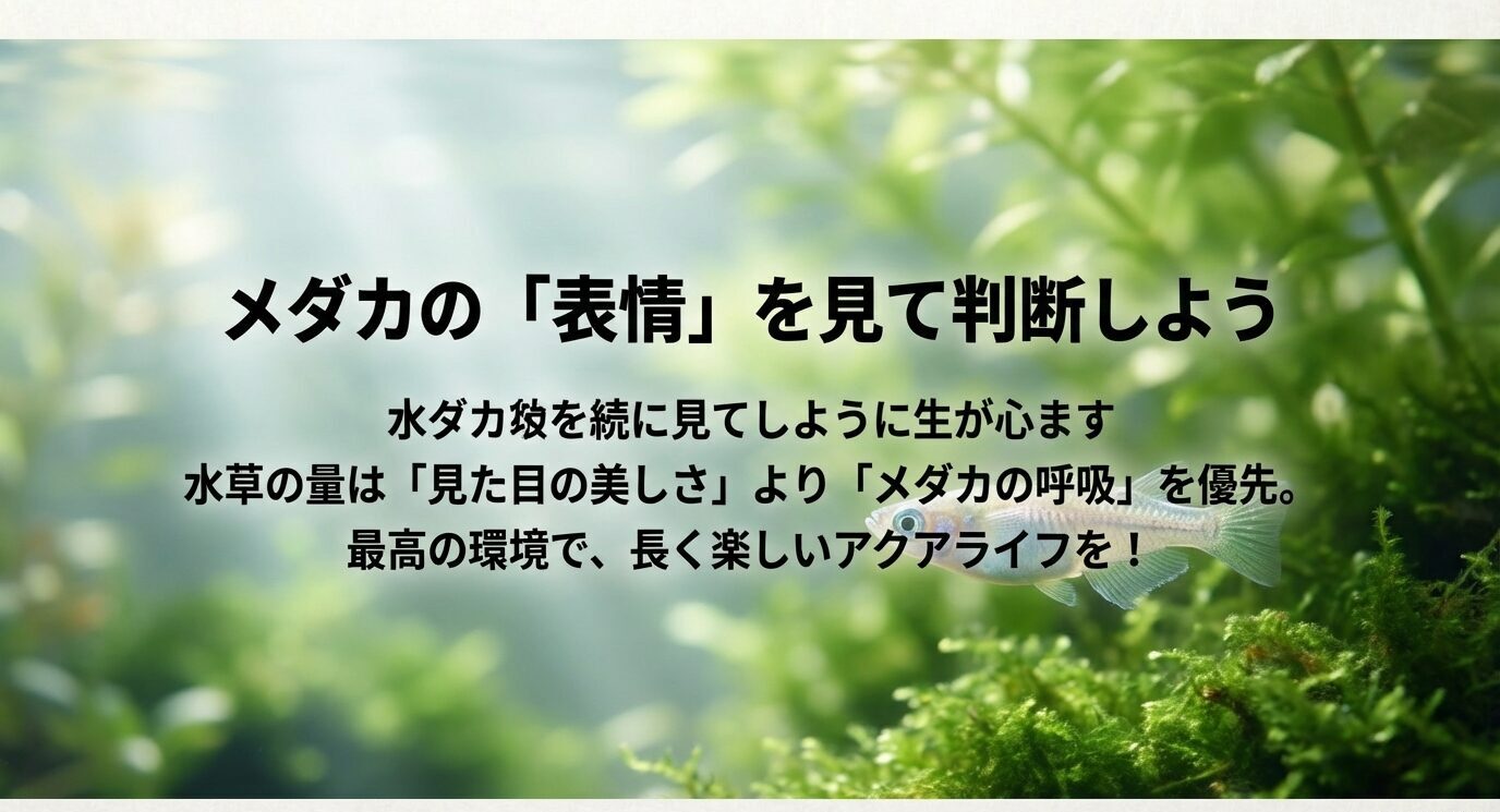 水草の背景に「見た目より呼吸を優先し、メダカの表情で判断する」と呼びかける締めのメッセージスライド。