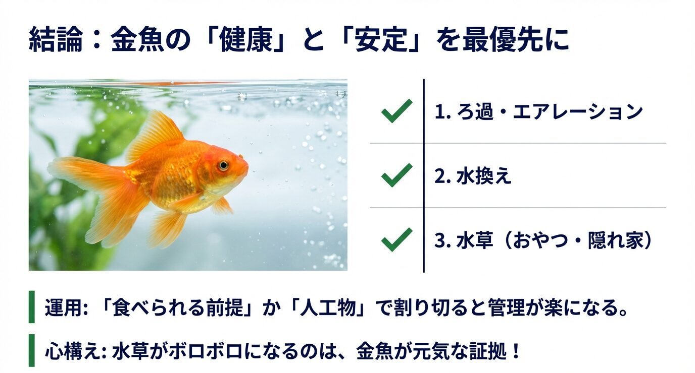 金魚写真と「ろ過・エアレーション/水換え/水草(おやつ・隠れ家)」の優先順位、割り切る運用の要点を示す。