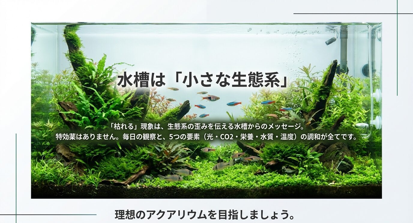 水草と魚が入った水槽写真に「水槽は『小さな生態系』」の文字。光・CO2・栄養・水質・温度の調和が重要だというメッセージが重なっている。