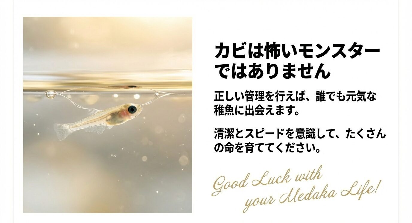 水面近くを泳ぐ針子の写真と、「カビは怖いモンスターではありません。正しい管理で元気な稚魚に出会えます。清潔とスピードを意識して命を育ててください」という締めメッセージのスライド。