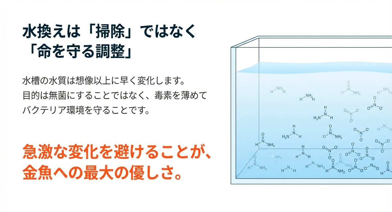 水換えは無菌化ではなく毒素を薄めてバクテリア環境を守るという説明と、「急激な変化を避けることが金魚への最大の優しさ」という強調メッセージ