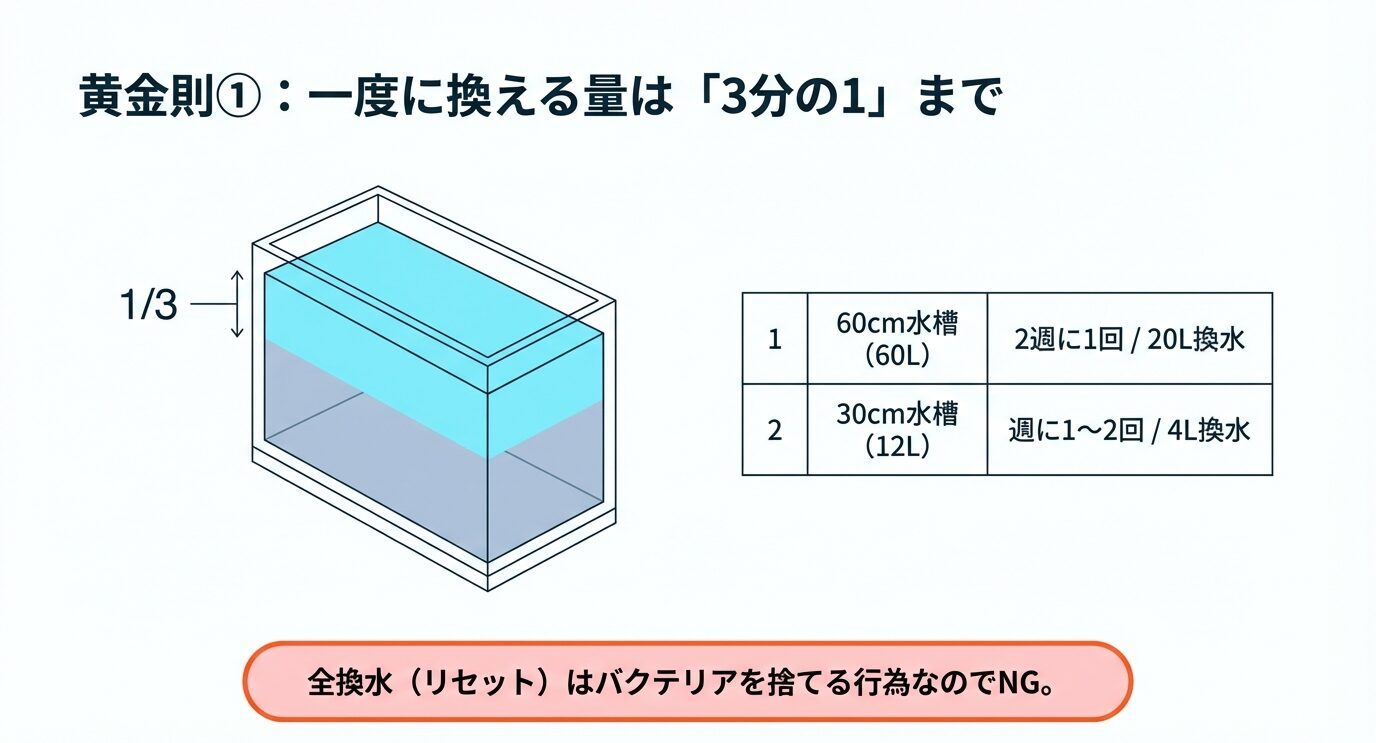 水槽の水を1/3だけ換える図と、60cm水槽は2週に1回20L、30cm水槽は週1〜2回4Lの例。「全換水(リセット)はバクテリアを捨てるのでNG」という注意書き