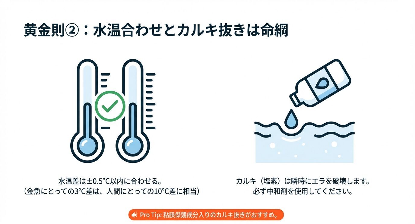 水温差は±0.5℃以内に合わせる目安と、カルキ(塩素)がエラを破壊するため中和剤が必須という説明。粘膜保護成分入りのカルキ抜き推奨の補足