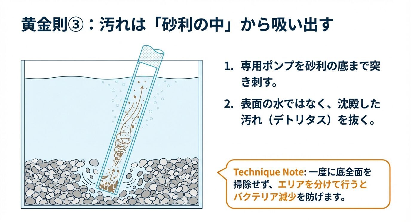 底床に刺した専用ポンプで砂利の中の汚れを吸い上げる図。表面ではなく沈殿した汚れを抜くこと、底全面を一度に掃除せずエリア分けでバクテリア減少を防ぐ注意